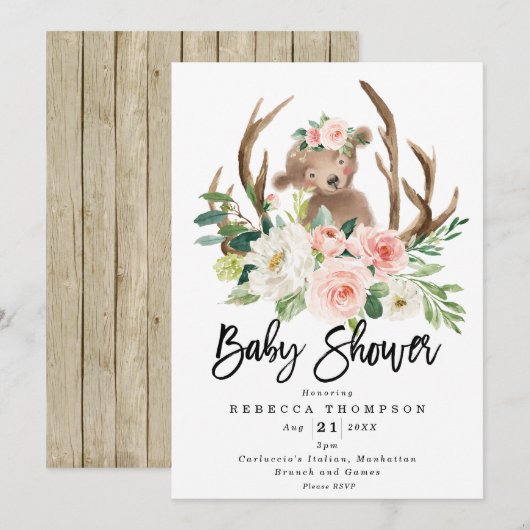 schattige beer boho bloemrijke moderne baby shower kaart (Voorkant / Achterkant)