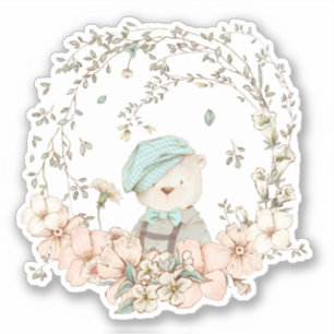 Schattige  Beer Botanische Bloemen Baby jongen Sticker