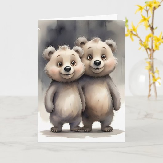 Schattige Beer Broers en Zussen Beste Vrienden Bud Kaart (Gele Bloem)