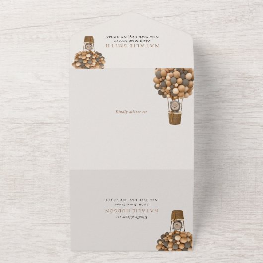 Schattige Beer, bruine ballonnen, eerste verjaarda All In One Uitnodiging (Buitenkant)