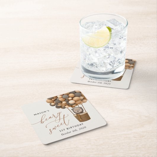 Schattige Beer, bruine ballonnen, eerste verjaarda Kartonnen Onderzetters (Insitu)