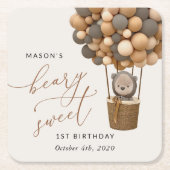 Schattige Beer, bruine ballonnen, eerste verjaarda Kartonnen Onderzetters (Voorkant)