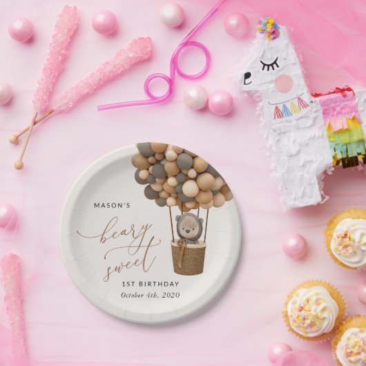 Schattige Beer, bruine ballonnen, eerste verjaarda Papieren Bordje (Feest)
