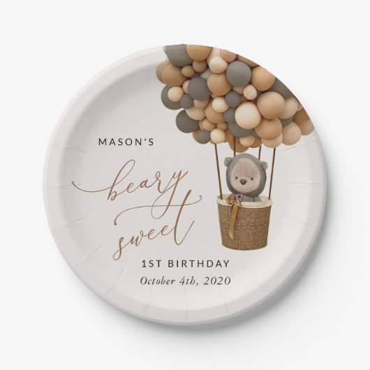 Schattige Beer, bruine ballonnen, eerste verjaarda Papieren Bordje (Voorkant)