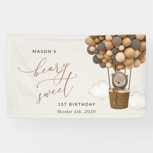 Schattige Beer, bruine ballonnen, eerste verjaarda Spandoek (Horizontaal)