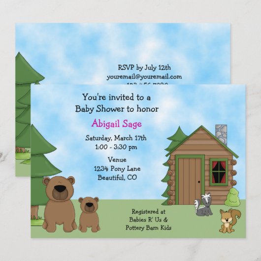 Schattige Beer & Cabin Baby shower Uitnodiging voo (Voorkant / Achterkant)