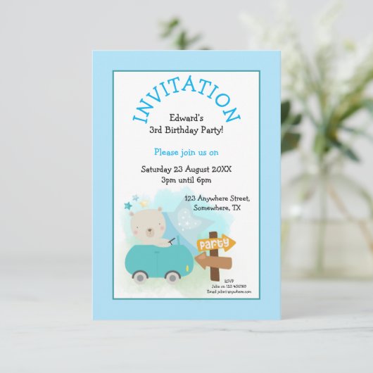 Schattige Beer Car Boy 3rd Birthday Party Blauw Kaart (Staand voorkant)