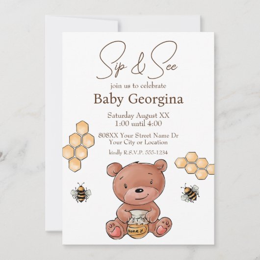 Schattige Beer Cub and Honey Bees Baby Sip and See Kaart (Voorkant)