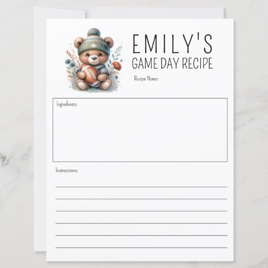 Schattige Beer Custom Recept 8.5x11 Kaart (Voorkant)