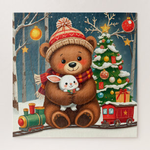 Schattige beer die konijn vasthoudt bij kerstboom legpuzzel