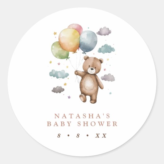 Schattige Beer en Ballonnen Baby shower Favor Ronde Sticker (Voorkant)