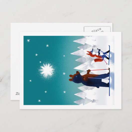 Schattige Beer en Fox skiën onder de sterrenhemel  Briefkaart (Voorkant / Achterkant)