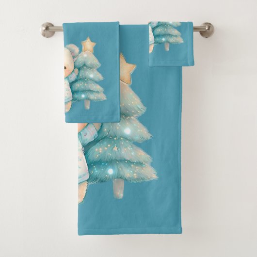 Schattige Beer en kerstboom Blauwgroen vakantie Bad Handdoek (Insitu)