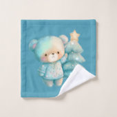Schattige Beer en kerstboom Blauwgroen vakantie Bad Handdoek (Wasdoekje)