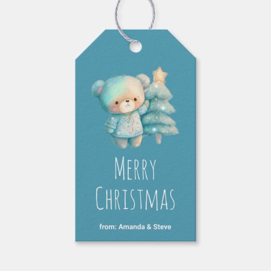 Schattige Beer en kerstboom Blauwgroen vakantie Cadeaulabel (Voorkant)