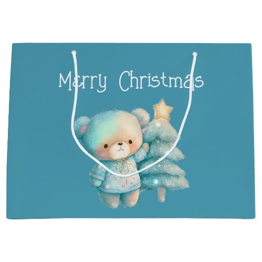 Schattige Beer en kerstboom Blauwgroen vakantie Groot Cadeauzakje (Voorkant)