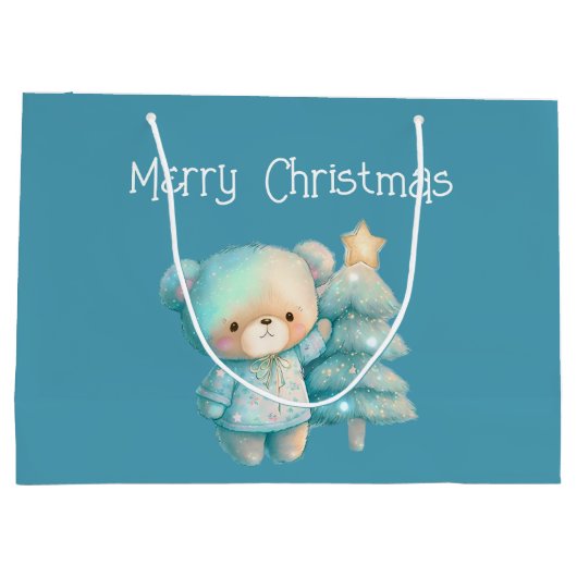 Schattige Beer en kerstboom Blauwgroen vakantie Groot Cadeauzakje (Achterkant)