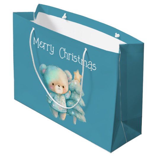 Schattige Beer en kerstboom Blauwgroen vakantie Groot Cadeauzakje (Achterkant Gekanteld)