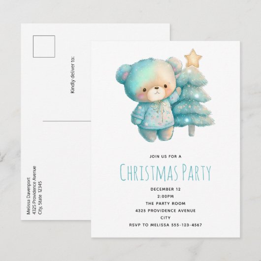 Schattige Beer en Kerstboom Verjaardag Uitnodiging Briefkaart (Voorkant / Achterkant)
