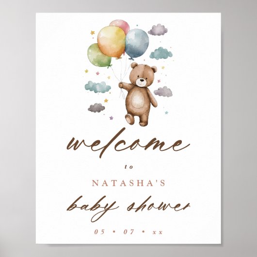 Schattige Beer en Pastel Balloons Baby shower Welk Poster (Voorkant)