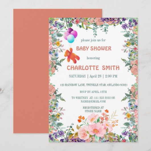 Schattige Beer float Ballon bloemenbloem baby show Kaart (Voorkant / Achterkant)