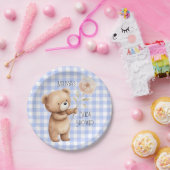 Schattige Beer Floral Gingham Pattern Baby Boy Sho Papieren Bordje (Feest)