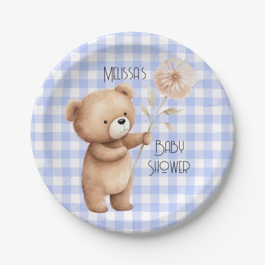 Schattige Beer Floral Gingham Pattern Baby Boy Sho Papieren Bordje (Voorkant)