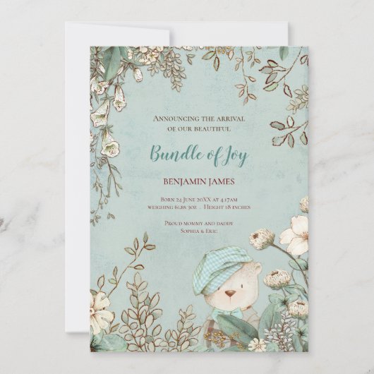  Schattige Beer Foto Botanische Baby Geboorte Aankondiging (Voorkant)