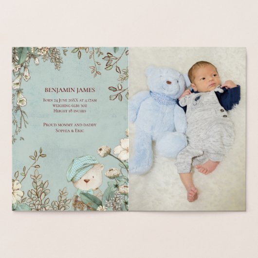  Schattige Beer Fotoscript Geboorteaankondiging Folie Kaarten (Binnen)