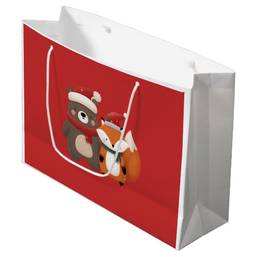 Schattige Beer & Fox kerstcadeauzak Groot Cadeauzakje (Voorkant Gekanteld)