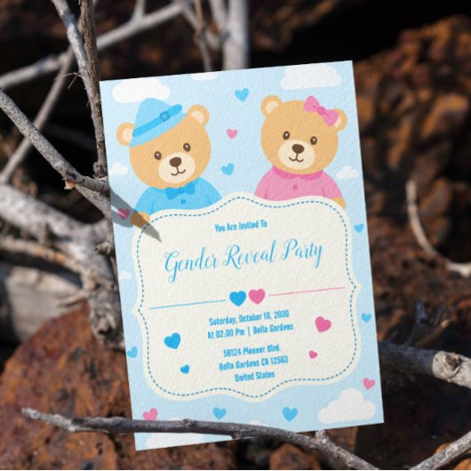 Schattige Beer Gender Reveal Invitation Kaart