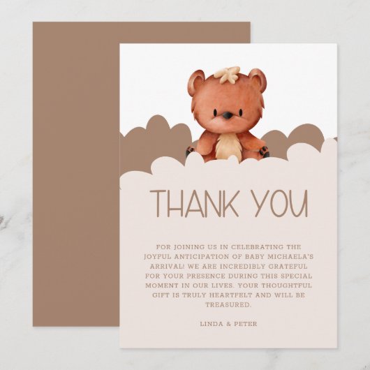 Schattige Beer Genderneutraal Baby shower Bedankkaart (Voorkant / Achterkant)