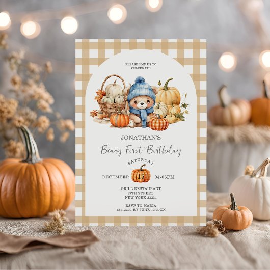 Schattige Beer Gingham Pumpkin - Beary Eerste Verj Kaart