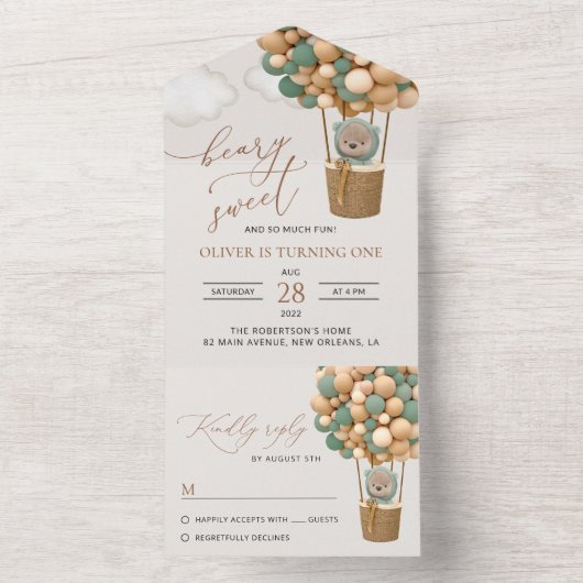 Schattige Beer, Groene Ballonnen, Eerste Verjaarda All In One Uitnodiging (Binnen)