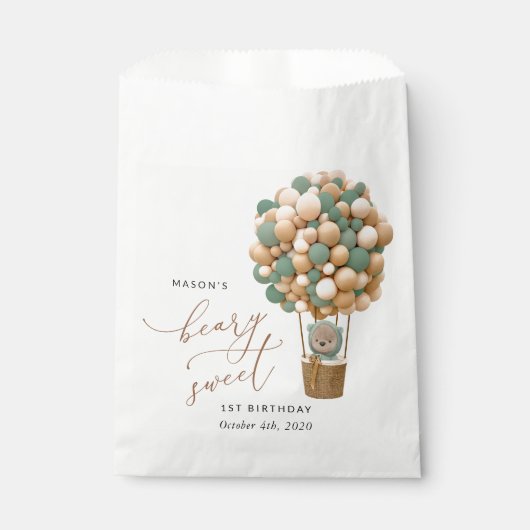 Schattige Beer, groene ballonnen, eerste verjaarda Bedankzakje (Voorkant)