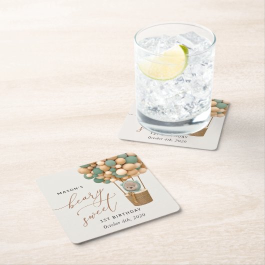 Schattige Beer, groene ballonnen, eerste verjaarda Kartonnen Onderzetters (Insitu)