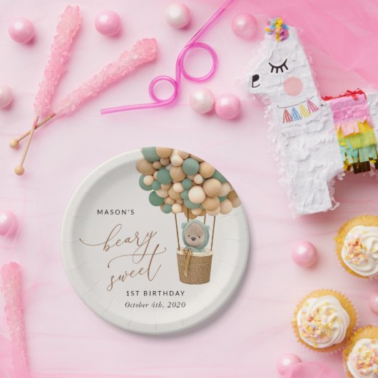 Schattige Beer, groene ballonnen, eerste verjaarda Papieren Bordje (Feest)