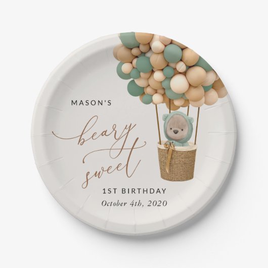 Schattige Beer, groene ballonnen, eerste verjaarda Papieren Bordje (Voorkant)