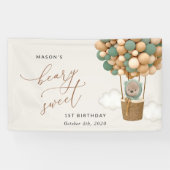 Schattige Beer, groene ballonnen, eerste verjaarda Spandoek (Horizontaal)