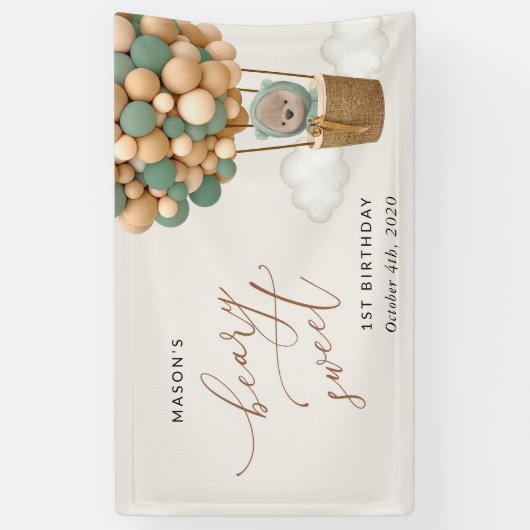 Schattige Beer, groene ballonnen, eerste verjaarda Spandoek (Verticaal)