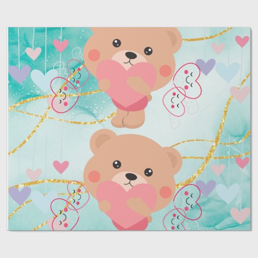 Schattige Beer & Hearts Wrapping Paper Cadeaupapier (Vlak)