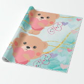 Schattige Beer & Hearts Wrapping Paper Cadeaupapier (Uitgerold)