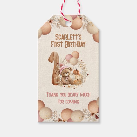 Schattige Beer Herfst Beary 1st Birthday Girl Dank Cadeaulabel (Voorkant)