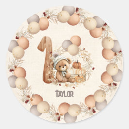 Schattige Beer Herfst Boy Beary 1e Verjaardag Ronde Sticker