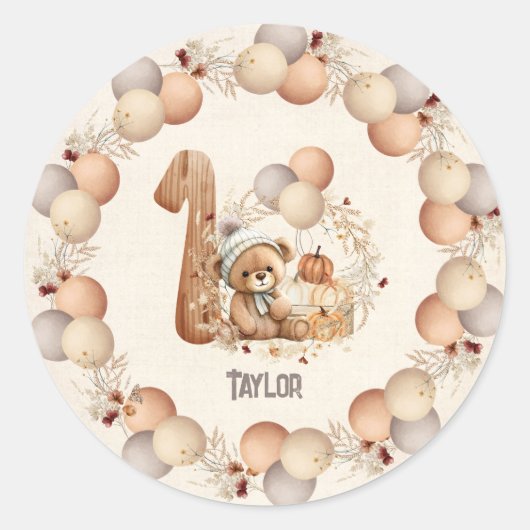 Schattige Beer Herfst Boy Beary 1e Verjaardag Ronde Sticker (Voorkant)