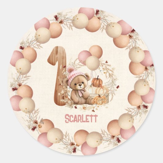 Schattige Beer Herfst Meisje Beary 1st Verjaardag  Ronde Sticker (Voorkant)