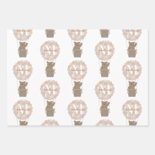 Schattige Beer Hete Luchtballonnen Monogram Gender Inpakpapier Vel (Voorkant 3)