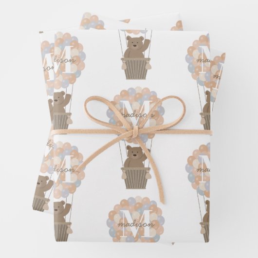 Schattige Beer Hete Luchtballonnen Monogram Gender Inpakpapier Vel (In situ)