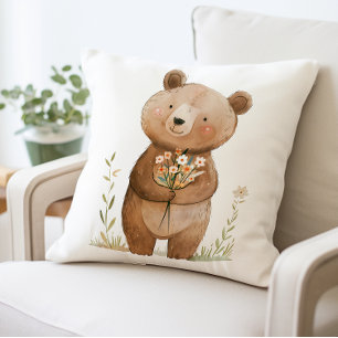Schattige Beer Holding Flowers Kussen, Schattig Te Kussen