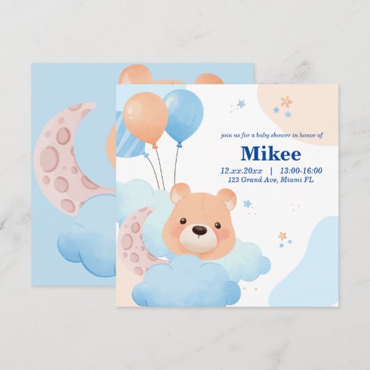 Schattige Beer in Clouds Baby shower Invitation Ka (Voorkant / Achterkant)